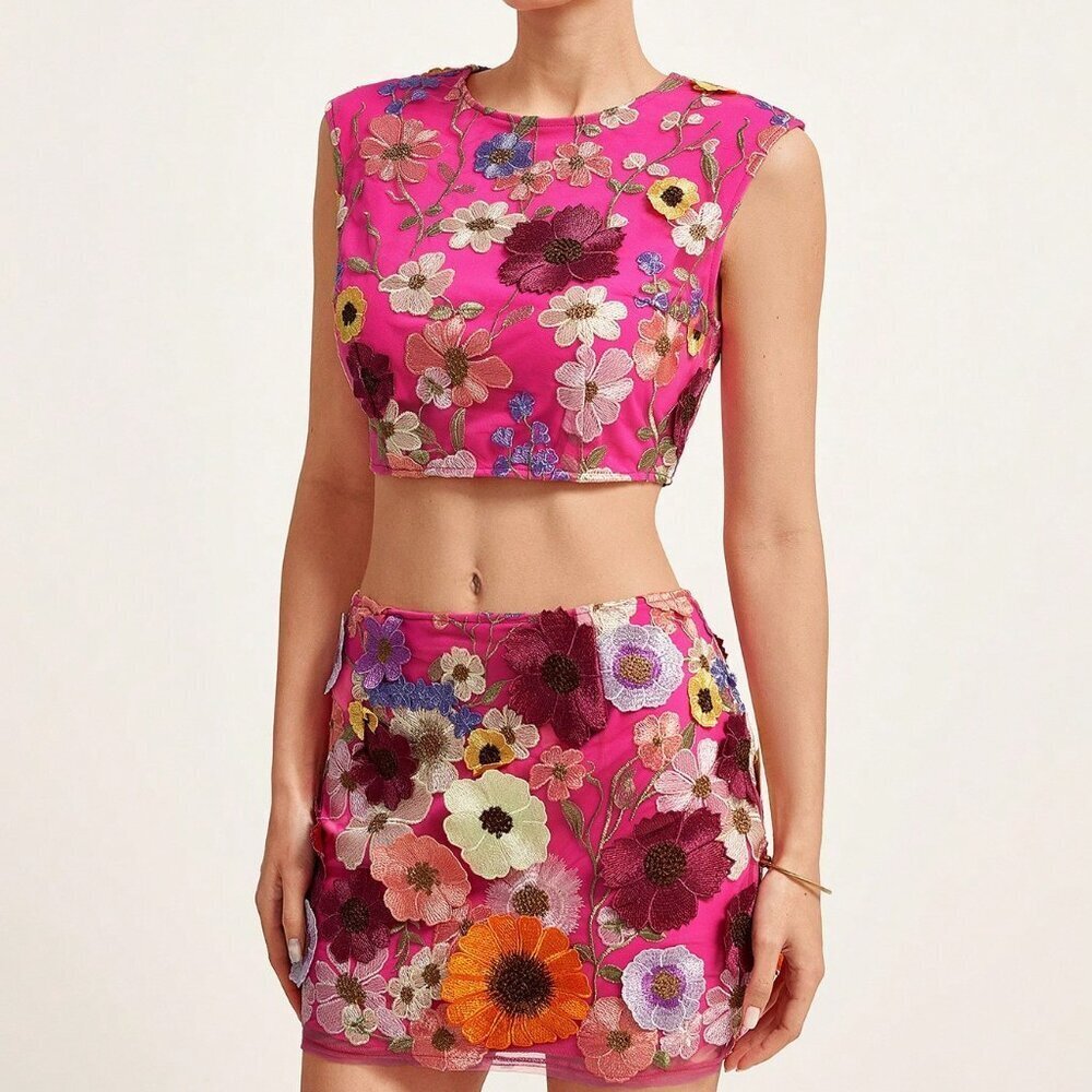 Boho Pink Women's Embroidered Floral Top Set - Picture 5 of 6